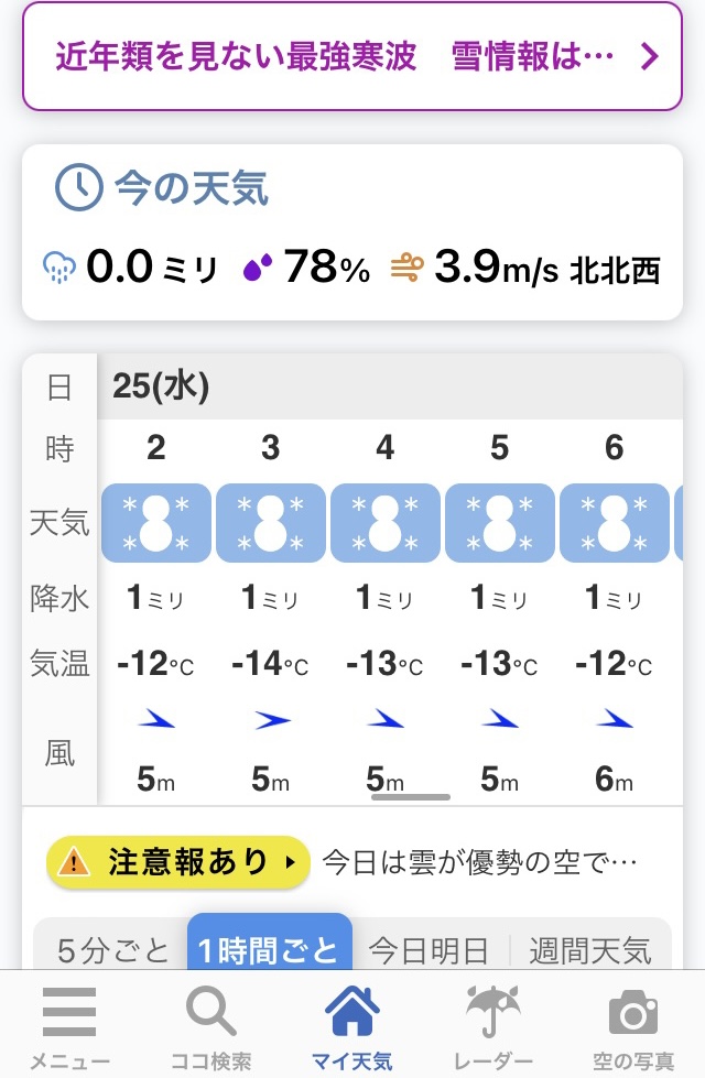 ウェザーニュースから、札幌の天気予報スクショ。気温マイナス１４度など。